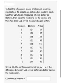 To test the efficacy of a new cholesterol-lowering
medication, 10 people are selected at random. Each
has their LDL levels measured (shown below as
Before), then take the medicine for 10 weeks, and
then has their LDL levels measured again (After).
Subject
Before After
1
124
114
178
152
188
158
123
135
120
93
6
167
160
7
189
186
8
187
182
9.
171
136
10
139
120
Give a 93.3% confidence interval for HB - Hal the
difference between LDL levels before and after taking
the medication.
Confidence Interval =
N 3
4)
