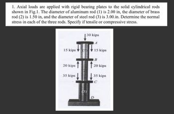 1. Axial loads are applied with rigid bearing plates to the solid cylindrical rods
shown in Fig.1. The diameter of aluminum rod (1) is 2.00 in, the diameter of brass
rod (2) is 1.50 in, and the diameter of steel rod (3) is 3.00.in. Determine the normal
stress in each of the three rods. Specify if tensile or compressive stress.
15 kips (1)
20 kips↑
35 kips
30 kips
(3)
↑
A
15 kips
D
B
20 kips
35 kips
C