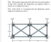 7-1. Determine (approximately) the force in each member
of the truss. Assume the diagonals can support either a
tensile or a compressive force.
7-2. Solve Prob. 7–1 assuming that the diagonals cannot
support a compressive force.
6 kN
4 kN
8 kN
F
E
3 m
B
4 m-
-4 m-
