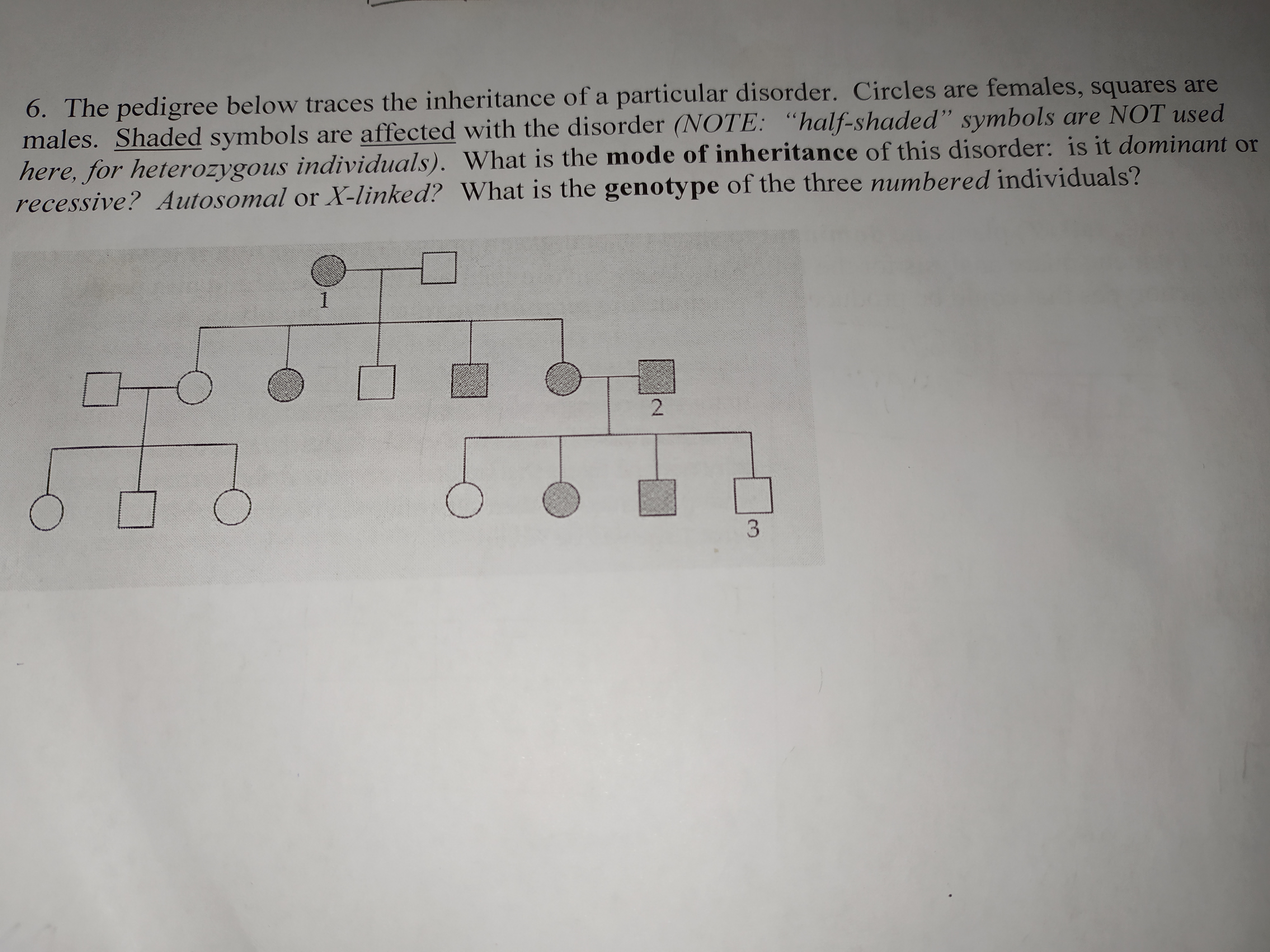 6. The pedigree below traces the inheritance of a particular disorder. Circles are females, squares are
males. Shaded symbols are affected with the disorder (NOTE: "half-shaded" symbols are NOT used
here, for heterozygous individuals). What is the mode of inheritance of this disorder: is it dominant or
recessive? Autosomal or X-linked? What is the genotype of the three numbered individuals?
1
2.
3.
