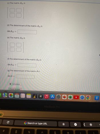 #
(c) The matrix A12 is
(d) The determinant of the matrix A12 is
det A12
=
(e) The matrix A13 is
(f) The determinant of the matrix A13 is
det A13 =
(g) The determinant of the matrix A is
det A =
с
Calculator
Check Answer
SEP
29
SA
Search or type URL
A
Å
MacBook Pro
&
*