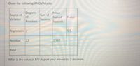 Given the following ANOVA table:
Degrees
Source of
of
Variance
Mean
Sum of
Sum of
F-stat
Squares
Freedom
Squares
Regression 2
5.5
Residual
22
2.507
Total
What is the value of R? Report your answer to 3 decimals.
