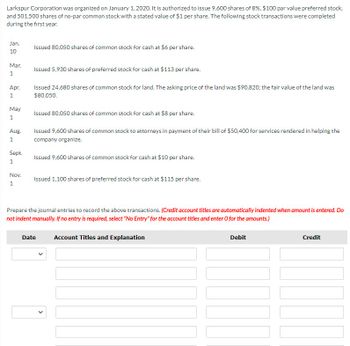 Larkspur Corporation was organized on January 1, 2020. It is authorized to issue 9,600 shares of 8%, $100 par value preferred stock,
and 501,500 shares of no-par common stock with a stated value of $1 per share. The following stock transactions were completed
during the first year.
Jan.
10
Mar.
1
Apr.
1
May
1
Aug.
1
Sept.
1
Nov.
1
Issued 80,050 shares of common stock for cash at $6 per share.
Issued 5,930 shares of preferred stock for cash at $113 per share.
Issued 24,680 shares of common stock for land. The asking price of the land was $90,820; the fair value of the land was
$80,050.
Issued 80,050 shares of common stock for cash at $8 per share.
Issued 9,600 shares of common stock to attorneys in payment of their bill of $50,400 for services rendered in helping the
company organize.
Issued 9,600 shares of common stock for cash at $10 per share.
Issued 1,100 shares of preferred stock for cash at $115 per share.
Prepare the journal entries to record the above transactions. (Credit account titles are automatically indented when amount is entered. Do
not indent manually. If no entry is required, select "No Entry" for the account titles and enter O for the amounts.)
Date
Account Titles and Explanation
Debit
Credit