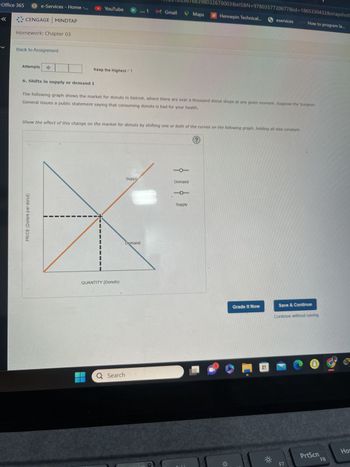 Office 365
<<
<
CENGAGE MINDTAP
e-Services - Home -...
Homework: Chapter 03
Back to Assignment
Attempts
6. Shifts in supply or demand I
YouTube
Keep the Highest / 1
PRICE (Dollars per donut)
QUANTITY (Donuts)
Q Search
M Gmail
The following graph shows the market for donuts in Detroit, where there are over a thousand donut shops at any given moment. Suppose the Surgeon
General issues a public statement saying that consuming donuts is bad for your health.
Supply
Show the effect of this change on the market for donuts by shifting one or both of the curves on the following graph, holding all else constant.
Demand
-O
Maps
Demand
398032670003&eISBN=9780357720677&id=1865330432&snapshot
Supply
H Hennepin Technical...
L
eservices and How to program la...
Grade It Now
Save & Continue
Continue without saving
F7
PrtScn
F8
Ho