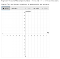 Represent the sum of the complex numbers -3+ 2i and –3 – i on the complex plane.
Use the Point and Segment tools to plot all required points and segments.
Point
Segment
A Undo
Redo
x Reset
imaginary
6.
4
1
real
-7
-6
-5
-4
-3
-2
-1
1
2
3
4
5
7
-1
-2
-3
-4
-5
-6
-7
LO
