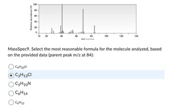 100
C4H200
O C3H₁3Cl
O C5H10N
C6H14
C6H12
80
60
40
20
0
10 20
40
60
m/z
80
100
120
140
MassSpec9. Select the most reasonable formula for the molecule analyzed, based
on the provided data (parent peak m/z at 84):