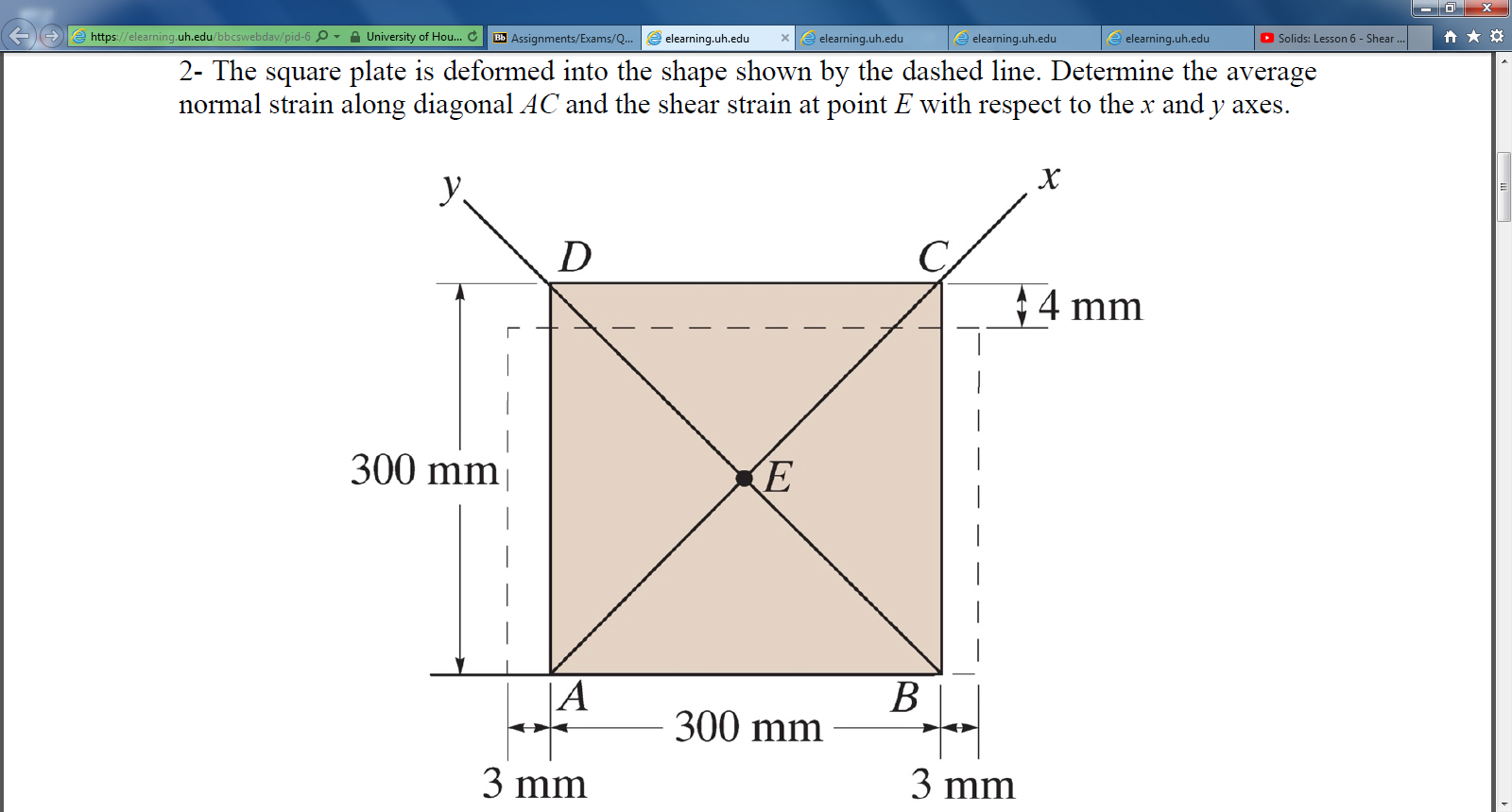 https://elearning.uh.edu/bbcswebdav/pid-6 O - A University of Hou.. C
Solids: Lesson 6 - Shear ..
e elearning.uh.edu
e elearning.uh.edu
Bb Assignments/Exams/Q.
e elearning.uh.edu
elearning.uh.edu
2- The square plate is deformed into the shape shown by the dashed line. Determine the average
normal strain along diagonal AC and the shear strain at point E with respect to the x and y axes.
х
У
$4 mm
300 mm|
KE
|A
300 mm
3 mm
3 mm

