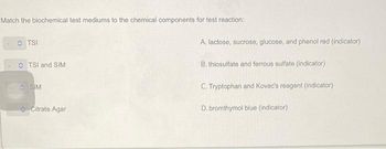 Match the biochemical test mediums to the chemical components for test reaction:
OTSI
TSI and SIM
SIM
Citrate Agar
A. lactose, sucrose, glucose, and phenol red (indicator)
B. thiosulfate and ferrous sulfate (indicator)
C. Tryptophan and Kovac's reagent (indicator)
D. bromthymol blue (indicator)