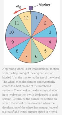 Marker
@o
12 1
11
2
10
6.
8.
7
A spinning wheel is set into rotational motion
with the beginning of the angular section
labeled "1" at the marker at the top of the wheel.
The wheel then decelerates and eventually
comes to a halt on one of the numbered
sections. The wheel in the drawing is divided
in to twelve sections with 30 degrees in each
section. Determine the numbered section on
which the wheel comes to a halt when the
deceleration of the wheel has a magnitude of
0.3 rev/s2 and initial angular speed is 7 rev/s.
