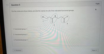 D
Question 5
For the molecule shown below, provide the names for all of the indicated functional groups:
H
HO
ses
1
O
2
1. Functional group 1:
2. Functional group 2:
3. Functional group 3:
< Previous
3
9 pts
Next >