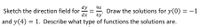 dy
Sketch the direction field for
dx
9х
Draw the solutions for y(0) = -1
4у
%3D
and y(4) = 1. Describe what type of functions the solutions are.
