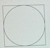 This image depicts a geometric illustration. It features a square and a circle:

1. **Square**: The square is the outer frame of the illustration. It has four equal sides and four right angles.

2. **Circle**: The circle is inscribed within the square, meaning it touches all four sides of the square at exactly one point on each side. The circle is perfectly centered within the square.

This setup is often used in mathematical problems involving geometry to explore concepts such as area, perimeter, and the relationships between different geometric shapes.