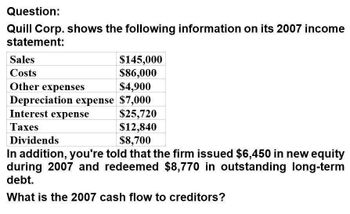 Question:
Quill Corp. shows the following information on its 2007 income
statement:
Sales
Costs
Other expenses
$145,000
$86,000
$4,900
Depreciation expense $7,000
Interest expense
Taxes
Dividends
$25,720
$12,840
$8,700
In addition, you're told that the firm issued $6,450 in new equity
during 2007 and redeemed $8,770 in outstanding long-term
debt.
What is the 2007 cash flow to creditors?