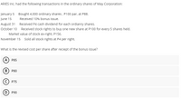 ARIES Inc. had the following transactions in the ordinary shares of May Corporation:
January 5 Bought 4,000 ordinary shares , P100 par, at P88.
June 15
Received 10% bonus issue.
August 31 Received P4 cash dividend for each ordianry shares.
October 10 Received stock rights to buy one new share at P100 for every 5 shares held.
Market value of stock ex-right, P156.
November 15 Sold all stock rights at P4 per right.
What is the revised cost per share after reciept of the bonus issue?
А) Р85
В) Р80
c) P75
D) P90
