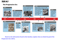 TASK #2
The Progressive Era
1895
1906
Upton Sinclair's novel The Jungle
reveals gruesome details about how
meat is processed.
The uproar the
book creates leads
W.E.B. Du Bois becomes
the first African American
to earn a Ph.D. from
1873
The first American
kindergarten opens.
Harvard University.
1910
1886
The Statue of Liberty is
dedicated in New York
Angel Island
becomes the
to passage of the
Meat Inspection
Act of 1906.
processing
center for
Asian
Harbor. It becomes a
symbol of welcome to
new immigrants.
immigrants.
1870
1880
1890
1900
1910
1920
1883
The Pendleton Act creates a
commission
1904
1920
1891
1920
Theodore Roosevelt
wins election with
The Nineteenth Amendment
guarantees
women the
James
to conduct
The Eighteenth Amendment
bans the sale of alcoholic
beverages,
beginning
the era of
Naismith
invents
his Square Deal.
exams for
right to vote
in federal,
civil service
basketball.
positions.
state, and
local
Prohibition.
elections.
Based on the information found in this timeline, explain what you think the goal of the
Progressive Era will be.
