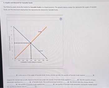 4. Supply and demand for loanable funds
The following graph shows the market for loanable funds in a closed economy. The upward-sloping orange line represents the supply of loanable
funds, and the downward-sloping blue line represents the demand for loanable funds.
INTEREST RATE (Percent)
0
Supply
100 200 300 400 500 800
LOANABLE FUNDS (Dons of dollars)
700 800
is the source of the supply of loanable funds. As the interest rate falls, the quantity of loanable funds supplied
than the quantity of loans
the interest rates they charge, thereby
the quantity of loanable funds demanded, moving the market toward
Suppose the interest rate is 4.5%. Based on the previous graph, the quantity of loanable funds supplied is
demanded, resulting in a
of loanable funds. This would encourage lenders to
the quantity of loanable funds supplied and
the equilibrium interest rate of