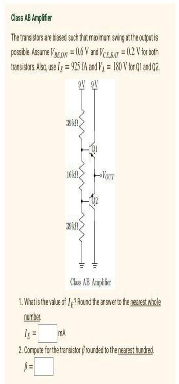 Answered: Class AB Amplifier The transistors are… | bartleby