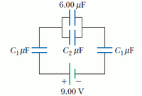 The diagram shown is a circuit featuring capacitors in various configurations. The circuit consists of four capacitors and a voltage source. 

**Detailed Explanation:**

1. **Capacitors:**
   - There are three main capacitors, labeled as \(C_1\), \(C_1\), and \(C_2\).
   - The two \(C_1\) capacitors are each labeled as \(1 \, \mu \text{F}\).
   - The capacitor \(C_2\) has a capacitance of \(6.00 \, \mu \text{F}\).

2. **Arrangement:**
   - The \(6.00 \, \mu \text{F}\) capacitor (\(C_2\)) is in series with a combination of the two \(1 \, \mu \text{F}\) capacitors (\(C_1\)).
   - These two \(1 \, \mu \text{F}\) capacitors are placed in parallel with each other.

3. **Voltage Source:**
   - The power source provides a potential difference (voltage) across the circuit of \(9.00 \, \text{V}\).
   - The positive and negative terminals of the voltage source are indicated, showing the direction of current flow when the circuit is complete.

This configuration is useful for understanding series and parallel capacitor arrangements and their impact on the overall capacitance and function within electric circuits.