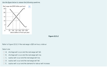 Use the figure below to answer the following questions.
Real wage rate (2002 dollars per hour) O
25
·IS
15
X
20
5
0
50 100 150 200 250 300
Labour (billions of hours per year)
Refer to Figure 22.3.2. If the real wage is $20 an hour, a labour
Figure 22.3.2
Select one:
O A. shortage will occur and the real wage will fall.
O B. shortage will occur and the real wage will rise.
O C.
surplus will occur and the real wage will rise.
O D. surplus will occur and the real wage will fall.
O E. surplus will occur and the demand for labour will increase.