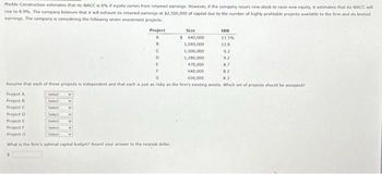 Marble Construction estimates that its WACC is 8% if equity comes from retained earnings However, if the company issues new stock to raise new equity, it estimates that its WACC will
rise to 8.9%. The company believes that it will exhaust its retained earnings at $2,500,000 of capital due to the number of highly profitable projects available to the firm and its limited
earnings. The company is considering the following seven investment projects:
Size
$ 640,000
1,040,000
1,000,000
1,180,000
470,000
640,000
G
650,000
8.3
Assume that each of these projects is independent and that each is just as risky as the firm's existing assets. Which set of projects should be accepted?
beled
Project
A
B
Select
Seled
Selec
C
D
t
Project A
Project D
Project C
Project D
Project E
Project F
Project G
What is the firm's optimal capital budget? Round your answer to the nearest dollar
F
IRR
13.5%
13.8
9.3
9.2
8.7
8.2