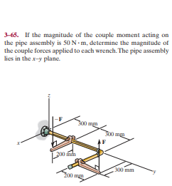 3-65. If the magnitude of the couple moment acting on
the pipe assembly is 50 N- m, determine the magnitude of
the couple forces applied to each wrench. The pipe assembly
lies in the x-y plane.
300
300 mm
300 mm
200 mg
