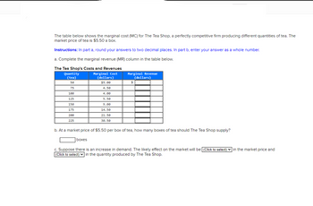 The table below shows the marginal cost (MC) for The Tea Shop, a perfectly competitive firm producing different quantities of tea. The
market price of tea is $5.50 a box.
Instructions: In part a, round your answers to two decimal places. In part b, enter your answer as a whole number.
a. Complete the marginal revenue (MR) column in the table below.
The Tea Shop's Costs and Revenues
Marginal Cost
Quantity
(tea)
50
75
100
125
150
175
200
225
(dollars)
$5.00
4.50
4.00
5.50
9.00
14.50
21.50
30.50
boxes
Marginal Revenue
(dollars)
$
b. At a market price of $5.50 per box of tea, how many boxes of tea should The Tea Shop supply?
c. Suppose there is an increase in demand. The likely effect on the market will be (Click to select) in the market price and
(Click to select) in the quantity produced by The Tea Shop.