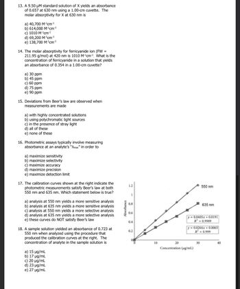 13. A 9.50 μM standard solution of X yields an absorbance
of 0.657 at 630 nm using a 1.00-cm cuvette. The
molar absorptivity for X at 630 nm is
a) 40,700 M-¹cm-1
b) 614,000 M-¹cm-¹
c) 1010 M-¹cm-1
d) 69,200 M¹¹cm ¹
e) 138,700 M¹¹cm¹
14. The molar absorptivity for ferricyanide ion (FW =
211.95 g/mol) at 420 nm is 1010 M-¹cm¹. What is the
concentration of ferricyanide in a solution that yields
an absorbance of 0.354 in a 1.00-cm cuvette?
a) 30 ppm
b) 45 ppm
c) 60 ppm
d) 75 ppm
e) 90 ppm
15. Deviations from Beer's law are observed when
measurements are made
a) with highly concentrated solutions
b) using polychromatic light sources
c) in the presence of stray light
d) all of these
e) none of these
16. Photometric assays typically involve measuring
absorbance at an analyte's "Amax" in order to
a) maximize sensitivity
b) maximize selectivity
c) maximize accuracy
d) maximize precision
e) maximize detection limit
17. The calibration curves shown at the right indicate the
photometric measurements satisfy Beer's law at both
550 nm and 635 nm. Which statement below is true?
a) analysis at 550 nm yields a more sensitive analysis
b) analysis at 635 nm yields a more sensitive analysis
c) analysis at 550 nm yields a more sel
analysis
d) analysis at 635 nm yields a more selective analysis
e) these curves do NOT satisfy Beer's law
18. A sample solution yielded an absorbance of 0.723 at
550 nm when analyzed using the procedure that
produced the calibration curves at the right. The
concentration of analyte in the sample solution is
a) 15 µg/mL
b) 17 µg/mL
c) 20 µg/mL
d) 23 µg/mL
e) 27 µg/mL
Absorbance
1.2
1
0.8
0.6
0.4
0.2
о
10
20
550 nm
y=0.0405x+0.0191
R² = 0.9989
Concentration (µg/mL)
635 nm
y= 0.0266x+0.0065
R² = 0.999
30
40