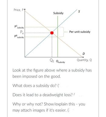 Price, P
ps
subsidy
Pe
p8
subsidy
Subsidy
S
Per unit subsidy
D
QE Qsubsidy
Look at the figure above where a subsidy has
been imposed on the good.
What does a subsidy do? (
Does it lead to a deadweight loss?!
Why or why not? Show/explain this - you
may attach images if it's easier. (3
Quantity, Q