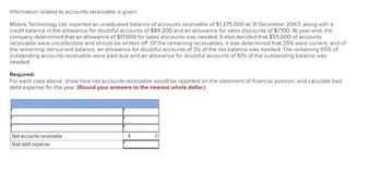 Information related to accounts receivable is given:
Mobile Technology Ltd. reported an unadjusted balance of accounts receivable of $1,275,000 at 31 December 20X3, along with a
credit balance in the allowance for doubtful accounts of $84.200 and an allowance for sales discounts of $7,100. At year-end, the
company determined that an allowance of $17,000 for sales discounts was needed. It also decided that $55,600 of accounts
receivable were uncollectible and should be written off. Of the remaining receivables, it was determined that 35% were current, and of
the remaining net current balance, an allowance for doubtful accounts of 3% of the net balance was needed. The remaining 65% of
outstanding accounts receivable were past due and an allowance for doubtful accounts of 10% of the outstanding balance was
needed.
Required:
For each case above, show how net accounts receivable would be reported on the statement of financial position, and calculate bad
debt expense for the year. (Round your answers to the nearest whole dollar.)
Net accounts receivable
Bad debt expense
$
0