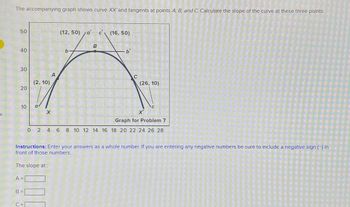 S
The accompanying graph shows curve XX' and tangents at points A, B, and C. Calculate the slope of the curve at these three points.
50
40
30
U
20
10
A =
B =
(2, 10)
II
a
X
A
(12, 50) ac (16, 50)
B
b'
Instructions: Enter your answers as a whole number. If you are entering any negative numbers be sure to include a negative sign (-) in
front of those numbers.
The slope at:
C
(26, 10)
X'
Graph for Problem 7
0246 8 10 12 14 16 18 20 22 24 26 28