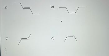 The image contains four distinct diagrams labeled a) through d). Each diagram features line segments arranged to form various geometric shapes:

a) The diagram shows a series of three staggered horizontal lines, descending and then ascending in a step-like pattern.

b) A diagram with a symmetrical "V" shape in the center, with horizontal lines extending outward from the top of each side of the "V".

c) The diagram depicts two connected angled lines forming a zig-zag pattern, positioned diagonally.

d) This diagram displays a "V" shape similar to b), but inverted and with a horizontal line at the top of the "V". 

These diagrams may represent different configurations or concepts depending on the context of the lesson.