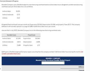 Current Attempt in Progress
Bramble Company uses a flexible budget for manufacturing overhead based on direct labor hours. Budgeted variable manufacturing
overhead costs per direct labor hour are as follows.
Indirect labor
Indirect materials
Utilities
$1.00
Variable Costs
Indirect labor
Indirect materials
Utilities
0.70
Budgeted fixed overhead costs per month are Supervision $3,360, Depreciation $1,008, and property Taxes $672. The company
believes it will normally operate in a range of 5,880-8,400 direct labor hours per month.
Assume that in July 2022, Bramble Company incurs the following manufacturing overhead costs.
0.40
$7,392
4,872
2,688
Fixed Costs
Supervision
Depreciation
Property taxes
$3,360
1.008
672
(a) Prepare a flexible budget performance report, assuming that the company worked 7,560 direct labor hours during the month. (List
variable costs before fixed costs.)
BRAMBLE COMPANY
Manufacturing Overhead Flexible Budget Report
Differen
Favoral