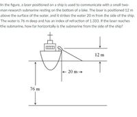 In the figure, a laser positioned on a ship is used to communicate with a small two-
man research submarine resting on the bottom of a lake. The laser is positioned 12 m
above the surface of the water, and it strikes the water 20 m from the side of the ship.
The water is 76 m deep and has an index of refraction of 1.333. If the laser reaches
the submarine, how far horizontally is the submarine from the side of the ship?
12 m
e 20 m →
76 m
