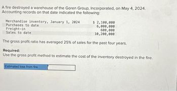 A fire destroyed a warehouse of the Goren Group, Incorporated, on May 4, 2024.
Accounting records on that date indicated the following:
Merchandise inventory, January 1, 2024
Purchases to date
Freight-in
$ 2,100,000
6,000,000
600,000
10,200,000
Sales to date
The gross profit ratio has averaged 25% of sales for the past four years.
Required:
Use the gross profit method to estimate the cost of the inventory destroyed in the fire.
Estimated loss from fire