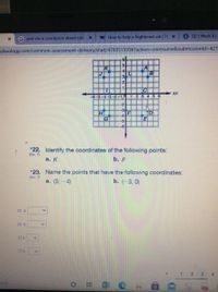 How to help a frightened cat | Th x
S 03 Week 8 :
G give me a conclusion about cats
schoology.com/common-assessment-delivery/start/4703515936?action=Donresume&submissionld%3D427
5
K
4
B
3
IC
XX
-6-5-4-3-2-10
-1
2 3 456
-2
-3
FI
-4
El
-5
-6
*22. Identify the coordinates of the following points:
(Inv. 7)
a. K
b. F
*23. Name the points that have the following coordinates:
Anv. 7)
a. (3,-4)
b. (-3, 0)
22. a.
22, b.
23 a
23 b.
1.
2
3.
4.
arch
