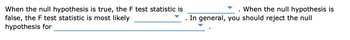 When the null hypothesis is true, the F test statistic is
▼
false, the F test statistic is most likely
hypothesis for
.
When the null hypothesis is
. In general, you should reject the null