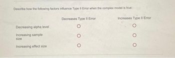 Describe how the following factors influence Type II Error when the complex model is true:
Decreasing alpha level
Increasing sample
size
Increasing effect size
Decreases Type II Error
O
Increases Type II Error