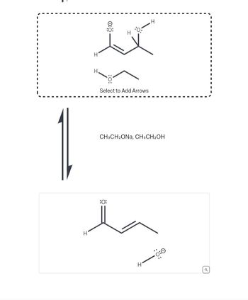 ### Transcription for Educational Website:

#### Reaction Scheme

1. **Starting Materials:**
   - Structure 1: The image shows a compound with a ketone group (C=O) and an allylic alcohol group.
   - Structure 2: Ethanolate ion (CH₃CH₂O⁻).

Below the starting material is an arrow pointing downward labeled with the reagents:
- **Reagents:** CH₃CH₂ONa and CH₃CH₂OH.

2. **Reaction Product:**
   - Structure 3: The product is a compound with an aldehyde group (CHO) and an allylic alcohol group.
   - Silently, this transformation suggests a deprotonation step followed by rearrangement.

#### Explanation of Diagram:

- **Electron Flow:** The dashed box around the starting materials allows for the addition of arrow-pushing mechanisms to visualize the electron movement during the reaction. Select to add arrows to illustrate how the electron pairs rearrange as the reaction progresses.
  
- **Transition from Reactants to Products:**
  - The reaction involves a base-catalyzed mechanism, where ethanolate acts as the nucleophile.
  - The transformation typically involves the conversion of a carbonyl compound to a different functional group, guided by catalytic nucleophile action.

This diagram illustrates a common reaction mechanism in organic chemistry, likely involving alpha, beta-unsaturated carbonyl compounds and demonstrating nucleophilic addition or rearrangement processes.