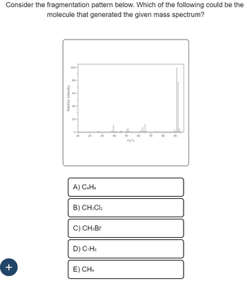 Consider the fragmentation pattern below. Which of the following could be the
molecule that generated the given mass spectrum?
+
100-
8
8
Relative Intensity
40
20
10
20
A) C6H6
B) CH₂Cl2
30
C) CH3Br
D) C7H8
E) CH4
40
m/z
60
70
8.
90