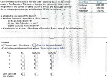 **Problem Description:**

Cisco Systems is purchasing a new barcode-scanning device for its service center in San Francisco. The table on the right lists the relevant initial costs for this purchase. The service life of the system is 4 years, and its salvage value for depreciation purposes is expected to be about 22% of the hardware cost.

| Cost Item     | Cost       |
|---------------|------------|
| Hardware      | $165,000   |
| Training      | $15,000    |
| Installation  | $15,000    |

**Questions:**

a. What is the cost basis of the device?

b. What are the annual depreciations of the device if:
   (i) the SL method is used?
   (ii) the 150% DB method is used?
   (iii) the 200% DB method is used?

c. Calculate the book values of the device at the end of 4 years using all the methods above.

**Answers:**

(a) The cost basis of the device is $____ (Round to the nearest dollar)

(b) Annual depreciations and book values: (Round to the nearest dollar)

| Year | SL      | 150% DB  | 200% DB  |
|------|---------|----------|----------|
| 1    | $_____  | $_____   | $_____   |
| 2    | $_____  | $_____   | $_____   |
| 3    | $_____  | $_____   | $_____   |
| 4    | $_____  | $_____   | $_____   |

Book values at end of year 4: $____

**Explanation:**

- **Cost Basis Calculation:** The cost basis involves summing up the hardware, training, and installation costs.
  
- **Depreciation Methods:**
  - **SL (Straight Line):** This method spreads the cost evenly over the service life.
  - **150% DB (Declining Balance):** Accelerated depreciation method using 150% of the straight-line rate.
  - **200% DB (Double Declining Balance):** Accelerated depreciation method using 200% of the straight-line rate.

- **Book Value Calculation:** The book value at the end of each year is calculated by subtracting the cumulative depreciation from the cost basis.