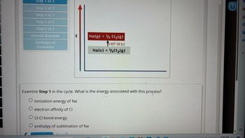 Step 1 of 5
Step 2 of 5
Step 3 of 5
Step 4 of 5
Step 5 of 5
Overall Reaction
E
Na(g) + Cl2(g)
Enthalpy of
Formation
+107.32 kJ
Na(s) + Cl2(g)
Examine Step 1 in the cycle. What is the energy associated with this process?
O ionization energy of Na
O electron affinity of CI
O CI-CI bond energy
enthalpy of sublimation of Na
6:48 AM
9
+