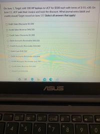 **Educational Website Transcription:**

---

**Scenario:**

On June 1, Target sold 100 HP laptops to UCF for $500 each with terms of 3/15, n/30. On June 11, UCF paid their invoice and took the discount. What journal entry (debit and credit) should Target record on June 11? (Select all answers that apply)

**Options:**

1. Debit Sales Discounts $1,500
2. Credit Sales Revenue $48,500
3. Credit Sales Discounts $1,500
4. Debit Accounts Receivable $48,500
5. Credit Accounts Receivable $50,000
6. Debit Cash $48,500
7. Debit Accounts Receivable $50,000
8. Credit Accounts Receivable $48,500
9. Credit Sales Revenue $50,000
10. Debit Cash $50,000

**Explanation of Terms:**

- **3/15, n/30**: This indicates that a 3% discount is available if the invoice is paid within 15 days; otherwise, the net amount is due within 30 days.

**Calculation of Discount:**

- **Total Sale Amount**: 100 laptops x $500 = $50,000
- **Discount**: 3% of $50,000 = $1,500
- **Amount after Discount**: $50,000 - $1,500 = $48,500

**Correct Journal Entries on June 11:**

- **Debit**: Sales Discounts $1,500 (to account for the discount taken by UCF)
- **Debit**: Cash $48,500 (the net amount received)
- **Credit**: Accounts Receivable $50,000 (to clear the receivable balance)

---