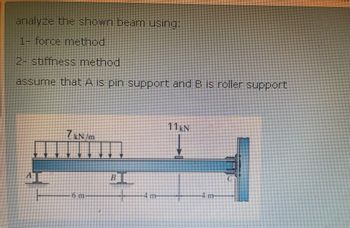 analyze the shown beam using:
1- force method
2- stiffness method
assume that A is pin support and B is roller support
7kN/m
em
11kN
B
4 m
m