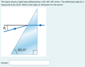 The figure shows a light bean deflected by a 30°, 60°, 90° prism. The deflected angle 0₁ is
measured to be 22.6°. What is the index of refraction for the prism?
0₁
Answer:
60.0⁰