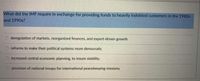 What did the IMF require in exchange for providing funds to heavily indebted customers in the 1980s
and 1990s?
deregulation of markets, reorganized finances, and export-driven growth
O reforms to make their political systems more democratic
O increased central economic planning, to insure stability.
provision of national troops for international peacekeeping missions
