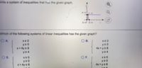 merte a system of inequalities that has the given graph.
(0, 41, 4)
(0, o 2.0)
Which of the following systems of linear inequalities has the given graph?
x20
O B.
x20
y20
x+4y 2 8
y24
y20
4x y2 8
y24
OE
OF.
x20
y20
4x ya 8
y20
*+4y s8
