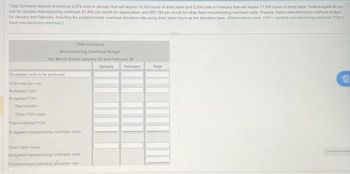 Yada Company expects to produce 2.070 units in January that will require 10,350 hours of direct labor and 2.300 units in February that will require 11,500 hours of direct labor. Yada budgets $4 per
unit for variable manufacturing overhead: $1,800 per month for depreciation; and $87,785 per month for other foxed manufacturing overhead costs. Prepare Yada's manufacturing overhead budget
for January and February, including the predetermined overhead allocation rate using direct labor hours as the allocation base. (Abbreviations used: VOH-variable manufacturing overhead, FOH-
fixed manufacturing overhead)
Yada Company
Manufacturing Overhead Budget
Two Month Ended January 31 and February 28
January February
Budgeted units to be produced
VOH cost per unit
Budgeted VOH
Budgeted FOH
Depreciation
Other FOH costs
Total budgeted FOH
Budgeted manufacturing overhead costs
Direct labor hours
Budgeted manufacturing overhead costs
Predetermined overhead allocation rate
Total
聊
Question View