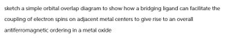 sketch a simple orbital overlap diagram to show how a bridging ligand can facilitate the
coupling of electron spins on adjacent metal centers to give rise to an overall
antiferromagnetic ordering in a metal oxide