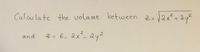 Calailate the volume between z- 12x* + aye
%3D
and
근= 6- &x*-&y 2
%3D
