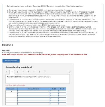 During the current year ending on December 31, BSP Company completed the following transactions:
a. On January 1, purchased a patent for $26,000 cash (estimated useful life, five years).
b. On January 1, purchased another business for $160,000 cash, including $12,000 for goodwill. The assets included
accounts receivable with a fair value of $12,000 and property and equipment with a fair value of $136,000 (with a
residual value of $14,280 and estimated useful life of 10 years). The company assumed no liabilities. Goodwill has an
indefinite life.
c. On December 31, constructed a storage shed on land leased from D. Heald. The cost of the shed was $17,600. The
company uses straight-line depreciation. The lease will expire in five years. (Amounts spent to enhance leased property
are capitalized as intangible assets called Leasehold Improvements.)
d. Total expenditures for ordinary repairs were $4,800 during the current year.
e. On December 31 of the current year, sold Machine A for $7,200 cash. Original cost was $18,000; accumulated
depreciation to December 31 of the prior year was $10,800 (on a straight-line basis with a $4,500 residual value and
five-year useful life). Record the depreciation expense in transaction e(1) and the sale in transaction e(2).
f. On December 31 of the current year, paid $6,600 for a complete reconditioning of Machine B acquired on January 1 of
the prior year. Original cost, $49,000; accumulated depreciation to December 31 of the prior year was $2,500 (on a
straight-line basis with a $9,000 residual value and 16-year useful life).
P8-6 Part 1
Required:
1. Record journal entries for transactions (a) through (f).
Note: If no entry is required for a transaction/event, select "No journal entry required" In the first account field.
View transaction list
Journal entry worksheet
<
1
234567
Record the $26,000 purchase of patent for cash on January 1.
Note: Enter debits before credits.
Transaction
General Journal
Debit
Credit